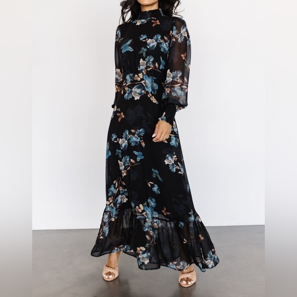 Baltic Born Luciana Floral High Neck Long Sleeve Maxi Dress Black Blue Sz Large - Picture 4 of 15